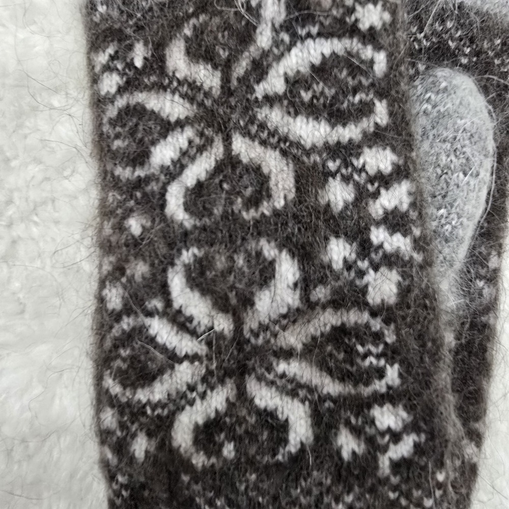 Handmade Goat Down Mittens Grey Brown Flower Pattern Winter Warm Hand‎ Knitted